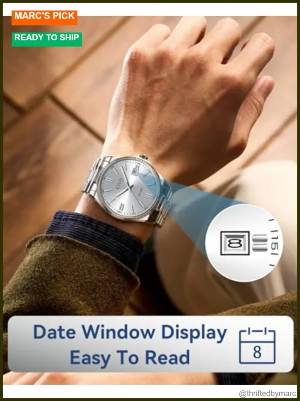 Analog Mens Watch with Date Luminous Hands Stainless Steel Dress Watch